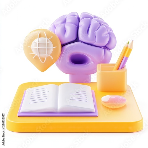 A bright and playful depiction of a brain model with stationary items, symbolizing creativity and learning in a vibrant workspace.