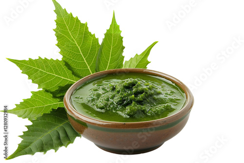 A close shot of neem leave with bowl of neem baste over plain transparent backdrop or PNG for herbal product type poster or graphic use, Generative AI.