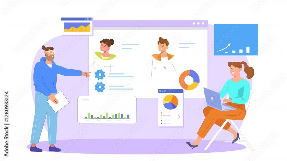 Flat scene animation illustrating a business analytics workflow, where characters review key performance indicators (KPIs) and use data to drive decisions and optimize strategies. Flat scene animation illustrating a business analytics workflow, where characters review key performance indicators (KPIs) and use data to drive decisions and optimize strategies.