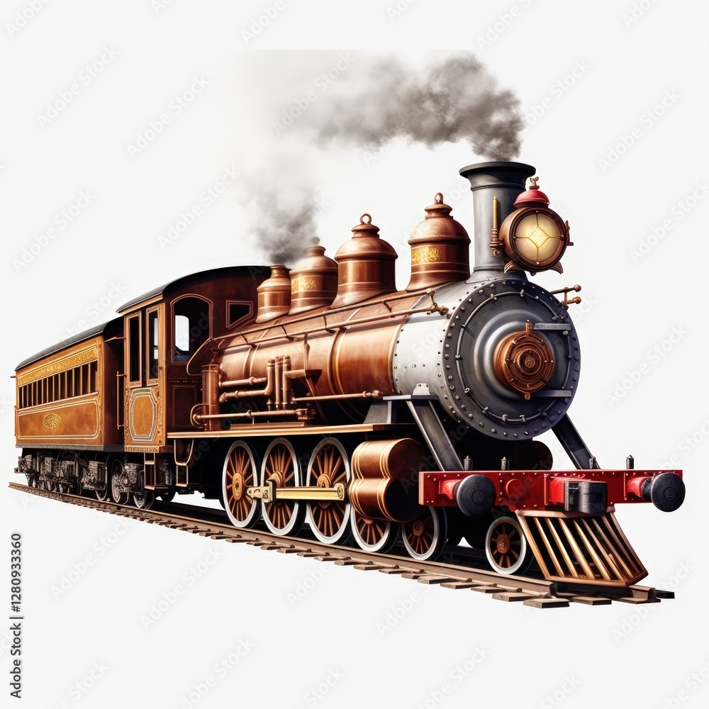 Fototapeta premium A classic steam locomotive chugs along the tracks, showcasing its shiny brass details and vintage charm, billowing smoke into the air.