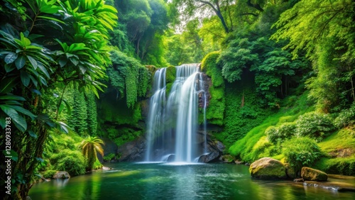 waterfall amidst lush greenery, peaceful environment