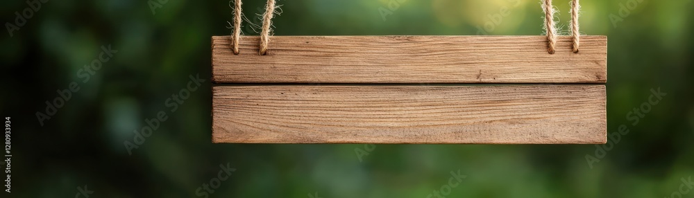 Fototapeta premium Rustic Wooden Sign Hanging in Nature with Green Background for Blank Message and Creative Design Ideas