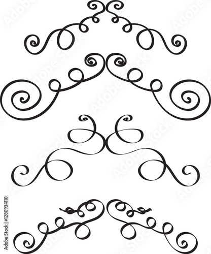 Calligraphic flourish dividers. Decorative scroll divider for wedding invite card design, vintage ornate borders and filigree flourishes graphics set. Filigree black and white ornaments