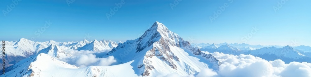 Fototapeta premium Snow capped peak stretches towards clear blue sky, serene and untouched, peak, solitude