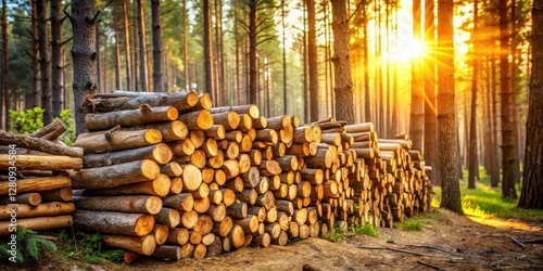 Dense pile of freshly cut pine firewoods leaning against a wooden fence in a rustic forest setting, with sunlight filtering through the trees, pine woodpile, rustic atmosphere