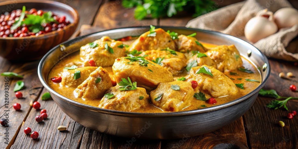 Tender chicken pieces in a rich creamy korma sauce with a blend of mild spices and aromatic herbs served hot in a shallow dish , meal, aromatic herbs Tender chicken pieces in a rich creamy korma sauce with a blend of mild spices and aromatic herbs served hot in a shallow dish , meal, aromatic herbs