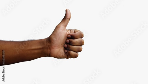African American hand giving thumbs up gesture, expressing positive sentiment against minimal white background