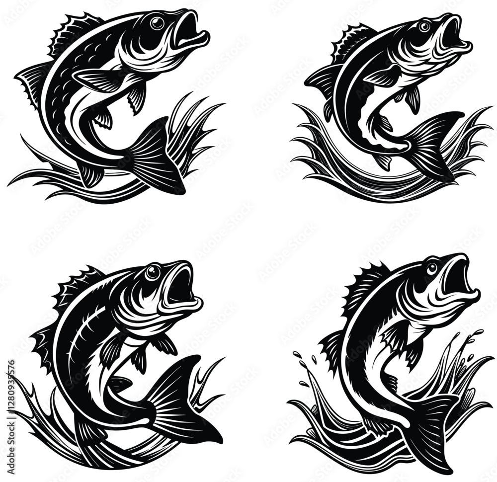 Black and White Jumping Bass Fish Vector Illustration Black and White Jumping Bass Fish Vector Illustration
