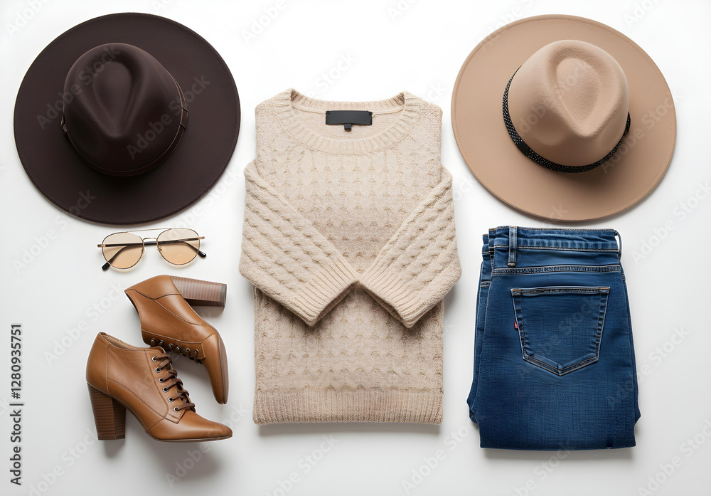 Flat Lay of Hats, Sweater, Jeans, and Shoes