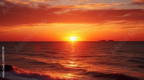 A vibrant sunset over the ocean, with warm hues reflecting on the water's surface, creating a serene and picturesque scene.