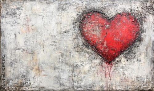 Abstract art featuring a bold red heart on a textured gray background, evoking emotions of love