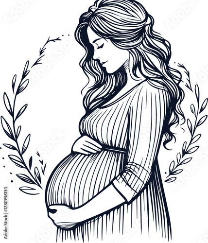 Cute Pregnant Mom With Baby Bump Hand Drawn Vector On White Background