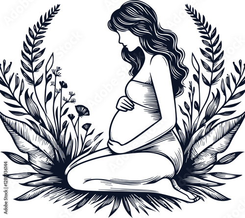Cute Pregnant Mom With Baby Bump Hand Drawn Vector On White Background