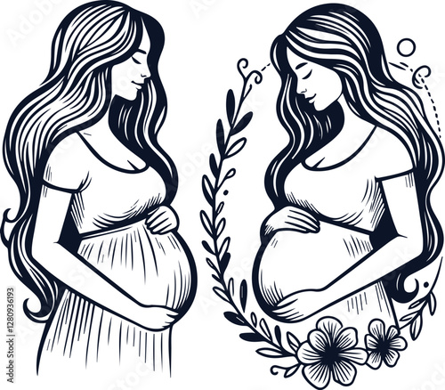 Cute Pregnant Mom With Baby Bump Hand Drawn Vector On White Background