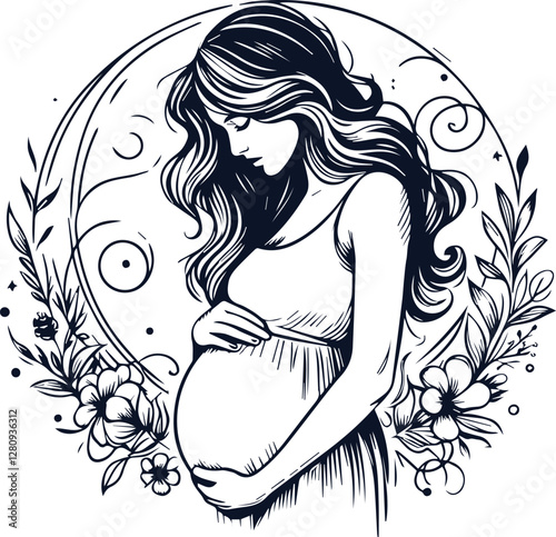 Cute Pregnant Mom With Baby Bump Hand Drawn Vector On White Background