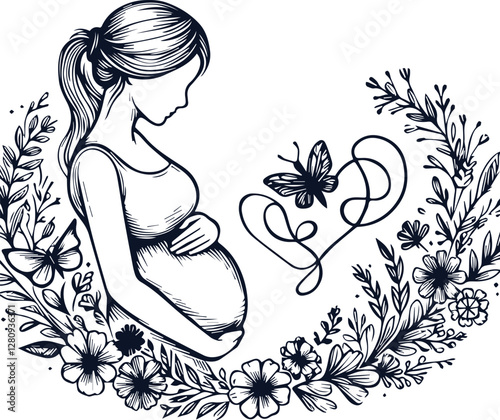 Cute Pregnant Mom With Baby Bump Hand Drawn Vector On White Background