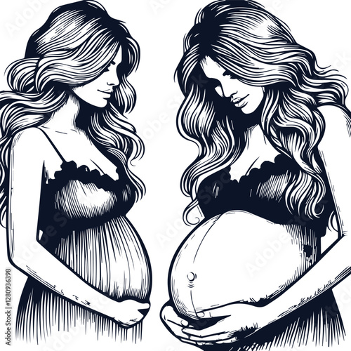 Cute Pregnant Mom With Baby Bump Hand Drawn Vector On White Background