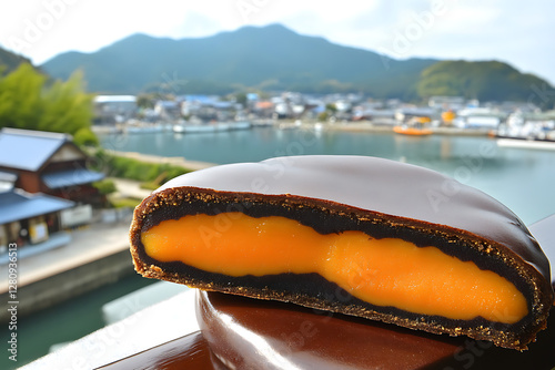 A dorayaki placed on a net-draped surface at the harbor, with colorful fishing boats moored nearby.   photo