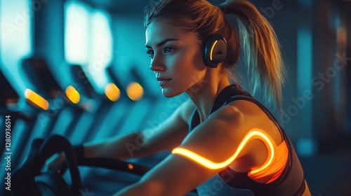 Focused Woman Exercising on a Stationary Bike with Neon Lighting photo