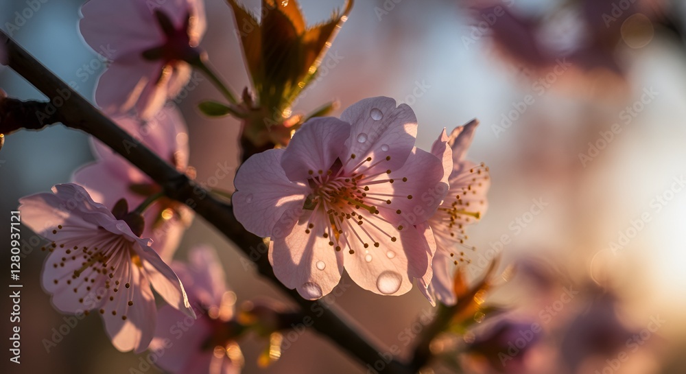 A close-up macro shot of delicate pink cherry blossoms with fresh morning dew drops, glowing softly under golden sunrise light A close-up macro shot of delicate pink cherry blossoms with fresh morning dew drops, glowing softly under golden sunrise light