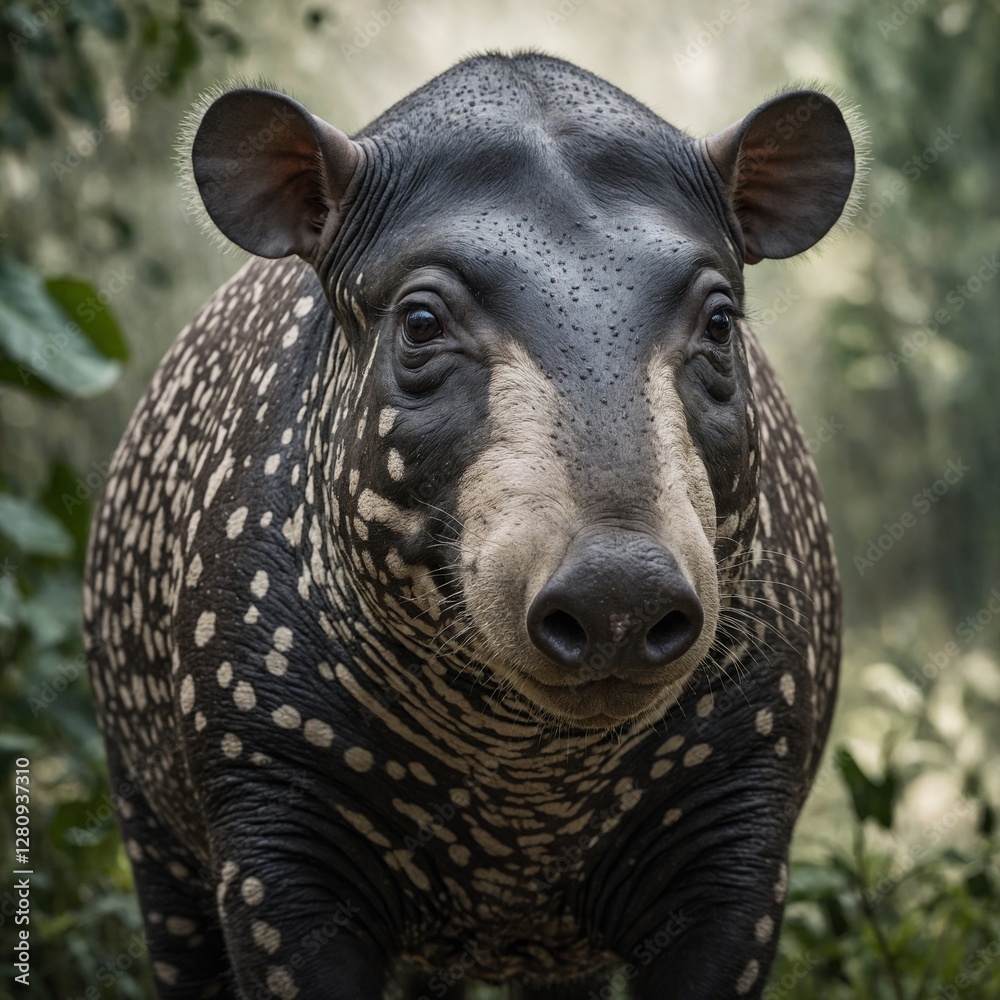 Fototapeta premium A tapir peacefully grazing, its motion captured naturally, on a pure white background.