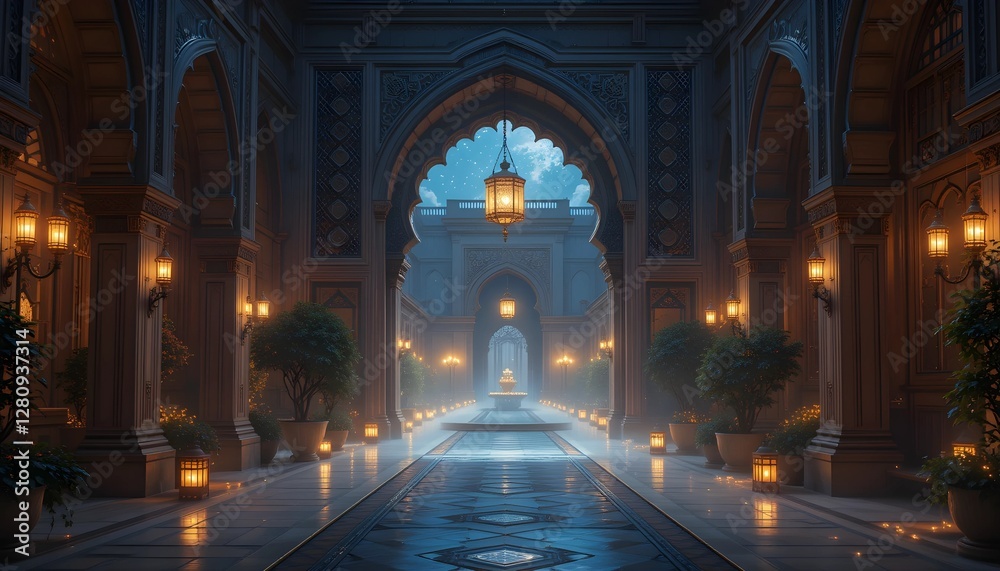 Fototapeta premium Majestic Arabian Palace Corridor at Dusk with Lanterns and Mist Leading to an Illuminated Archway 