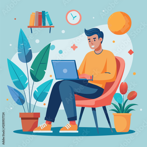 a boy is using his laptop vector