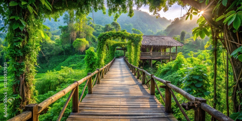 Obraz premium Elevated wooden bridge amidst lush greenery and vines covering its structure in Nongriat village, Nongriat, green, Nongriat