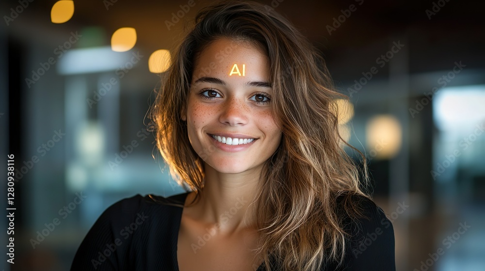 Obraz premium Smiling woman with AI symbol on forehead in futuristic setting
