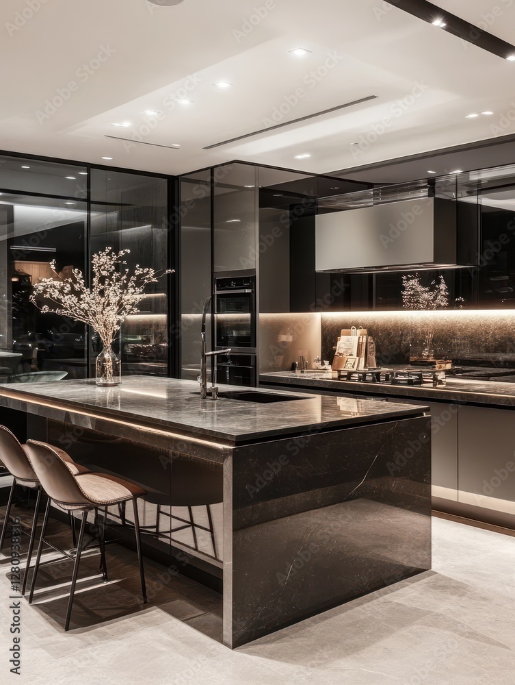The Modern Luxury Kitchen with Island and Glass Walls The Modern Luxury Kitchen with Island and Glass Walls
