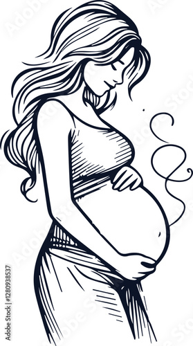 Cute Pregnant Mom With Baby Bump Hand Drawn Vector On White Background