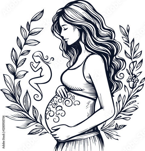 Cute Pregnant Mom With Baby Bump Hand Drawn Vector On White Background