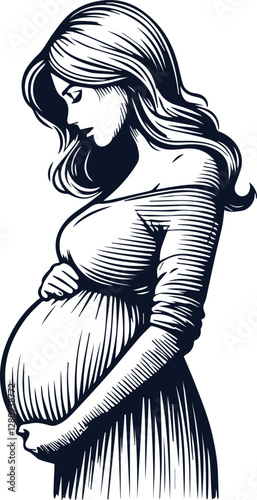 Cute Pregnant Mom With Baby Bump Hand Drawn Vector On White Background