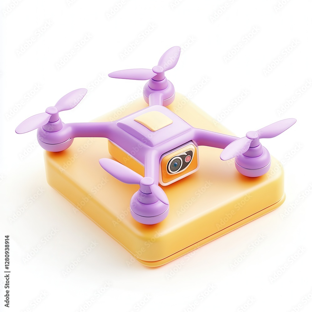 A colorful 3D model of a playful drone with a rounded body and four propellers, set on a soft yellow base. A colorful 3D model of a playful drone with a rounded body and four propellers, set on a soft yellow base.