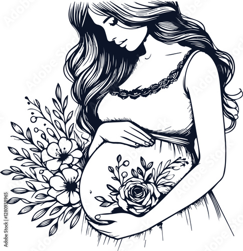 Cute Pregnant Mom With Baby Bump Hand Drawn Vector On White Background