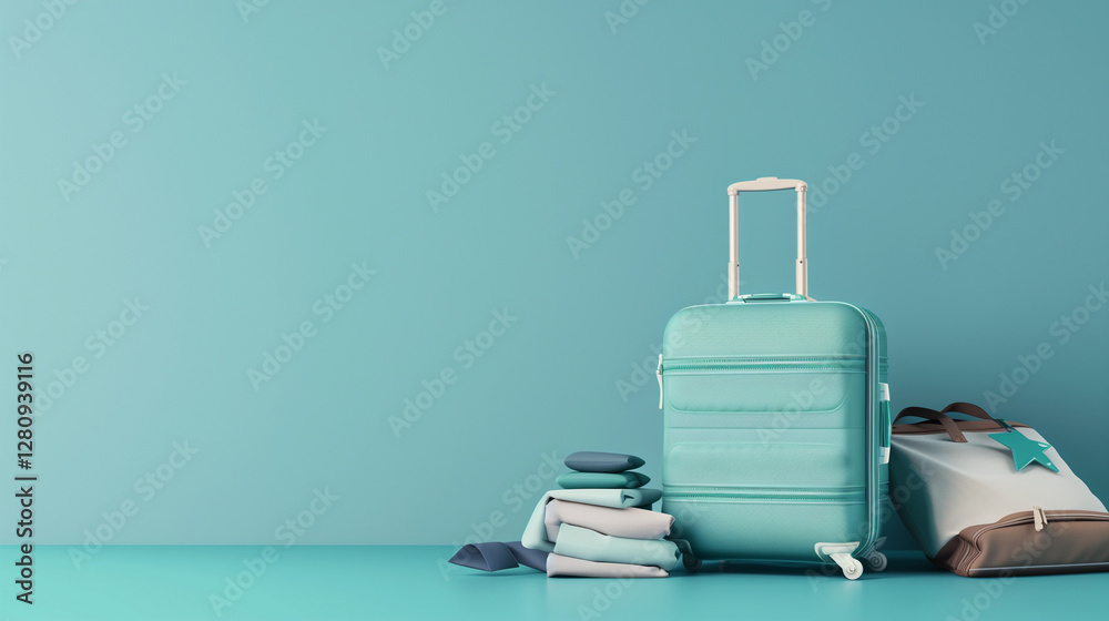 custom made wallpaper toronto digitalTurquoise suitcase packed with clothes and a brown tote bag against a blue background