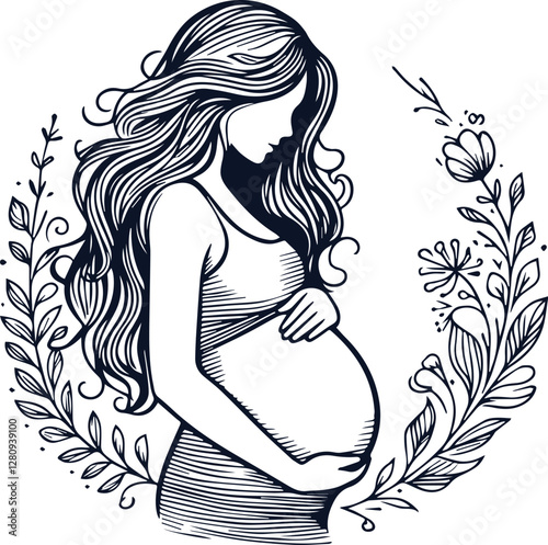 Cute Pregnant Mom With Baby Bump Hand Drawn Vector On White Background