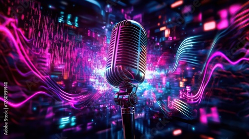 Retro microphone in vibrant, digital soundwave energy.