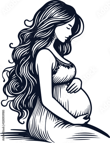 Cute Pregnant Mom With Baby Bump Hand Drawn Vector On White Background