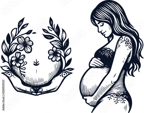 Cute Pregnant Mom With Baby Bump Hand Drawn Vector On White Background