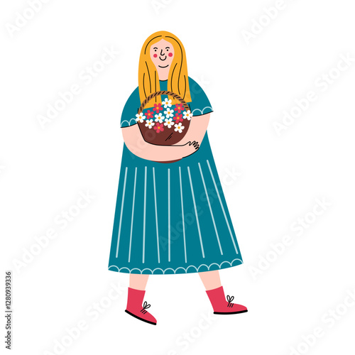 Happy Woman Carrying Flower Basket