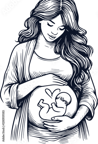 Cute Pregnant Mom With Baby Bump Hand Drawn Vector On White Background