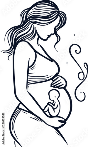 Cute Pregnant Mom With Baby Bump Hand Drawn Vector On White Background