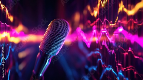 Neon microphone with vibrant sound waves.
