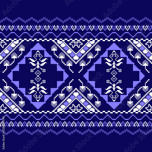 Traditional Ukrainian cross-stitch pattern with geometric and floral motifs. Dark blue and white. This vector illustration is perfect for textile print design, sweaters.seamless knitted pattern.