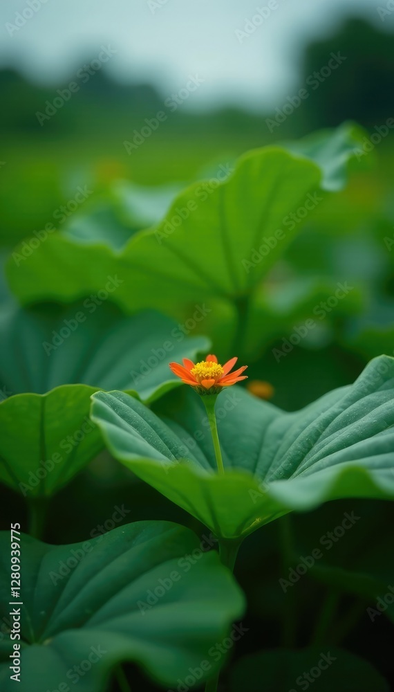 Tiny wildflowers peeking out from between the dark green cassava leaves, wildflowers, cassava Tiny wildflowers peeking out from between the dark green cassava leaves, wildflowers, cassava