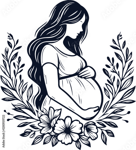 Cute Pregnant Mom With Baby Bump Hand Drawn Vector On White Background