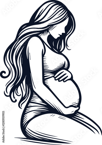 Cute Pregnant Mom With Baby Bump Hand Drawn Vector On White Background