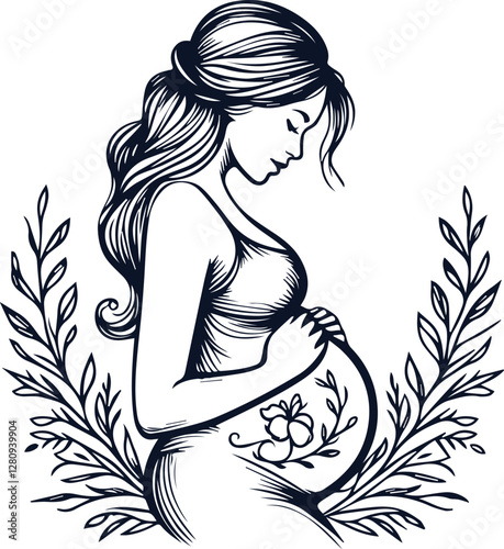 Cute Pregnant Mom With Baby Bump Hand Drawn Vector On White Background
