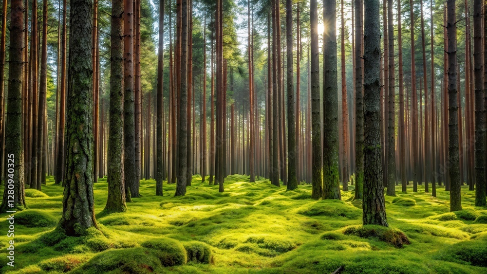 Fototapeta premium Dense pine forest with tall trees and lush green moss, outdoor scenery, nature scenery, outdoor scenery